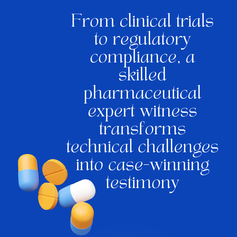 Pharmaceutical expert witness discussing trial preparation with a legal team